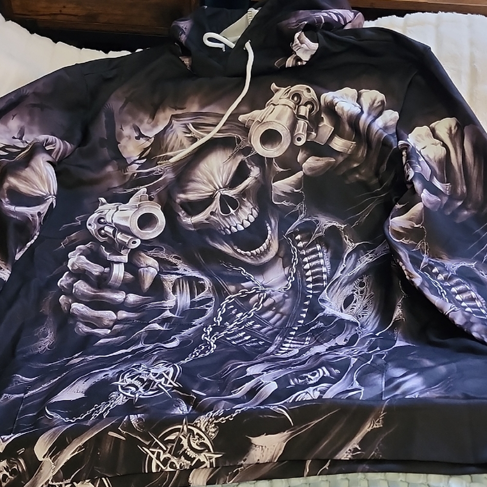 Graphic Skull Hoodie with Guns  NWOT